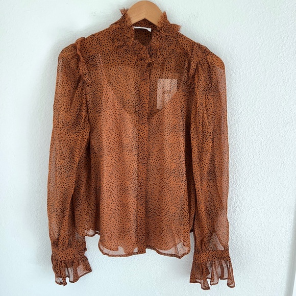 7 FOR ALL MANKIND blouse / NWT animal print sheer silk ruffle blouse / size XS - Picture 1 of 6